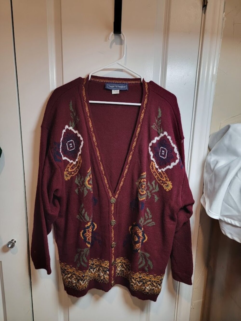 Vintage Maggie McNaughton Burgundy Floral Cardigan Sweater Women's XL 90s